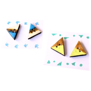 Τρίγωνα Γαλάζια ξύλινα σκουλαρίκια - ξύλο, ζωγραφισμένα στο χέρι, καρφωτά, μικρά, boho - 4