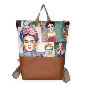 Backpack Frida Kahlo καφέ-ταμπά 35*33*9cm - ύφασμα, πλάτης, all day, frida kahlo