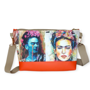 Τσάντα χιαστί Frida Kahlo με πορτοκαλί δερματίνη 30*20*6cm - ύφασμα, χιαστί, all day, frida kahlo - 5