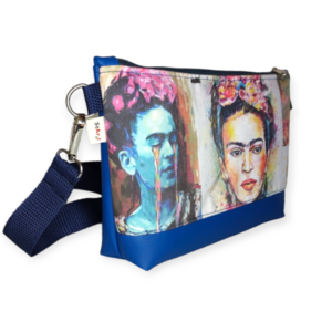 Τσάντα χιαστί Frida Kahlo με μπλε δερματίνη 30*20*6cm - ύφασμα, χιαστί, all day, frida kahlo - 2