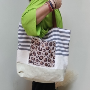 Τσάντα Θαλάσσης με Συνδυασμό Χρωμάτων κ Υφασματων - ύφασμα, animal print, ώμου, θαλάσσης, tote - 2