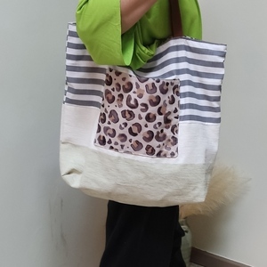 Τσάντα Θαλάσσης με Συνδυασμό Χρωμάτων κ Υφασματων - ύφασμα, animal print, ώμου, θαλάσσης, tote - 5