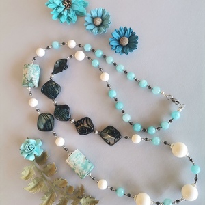 Κολιέ με μπλε φίλντισι, κοράλι και γαλάζιο αχάτη - ημιπολύτιμες πέτρες, κοράλλι, μακριά, ατσάλι, μεγάλα - 5