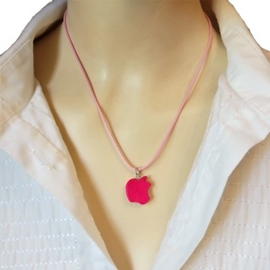 Cord necklace με φούξια μηλαράκι από χαολίτη, 27εκ. - ημιπολύτιμες πέτρες, τσόκερ, κοντά, boho, δώρα για γυναίκες - 2