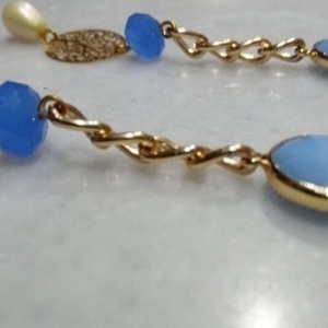 σκουλαρίκια χρυσή αλυσίδα με γαλάζια κρύσταλλα - γυαλί, μαργαριτάρι, μακριά, κρεμαστά, γάντζος - 5