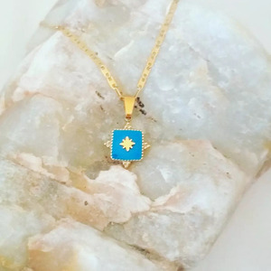 Κολιέ από ατσάλινη αλυσίδα, χρυσάφι χρώμα, κρεμαστό, τετράγωνο ατσάλινο μπλε σμάλτο - charms, αστέρι, κοντά, ατσάλι - 3