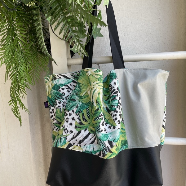 Χειροποίητη Reversible Bag Tropicana - δέρμα, ύφασμα, chic, γυναικεία, ώμου, τσάντα, χειροποίητα, αξεσουάρ - 2