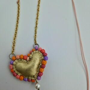 Κολιέ Δερμάτινη καρδιά 3 σε 1 - πορτοκαλί / λιλά - δέρμα, καρδιά, χάντρες, ατσάλι, seed beads