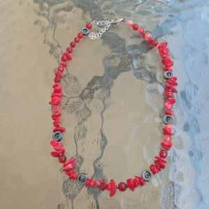 Κολιέ με ημιπολύτιμες πέτρες τσιπς κοραλί και νεφρίτη σε κόκκινο χρώμα - ημιπολύτιμες πέτρες, χάντρες, κοντά, ατσάλι - 2