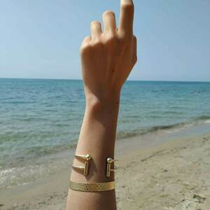 Χρυσή χειροπέδα με άκρες σε σχήμα Τ - boho, μπρούντζος, χεριού, χειροπέδες, αυξομειούμενα - 4