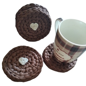 Πλεκτά σουβέρ σετ καφέ με καρδιά,4 τμχ (11cm) - νήμα, σουβέρ, είδη σερβιρίσματος