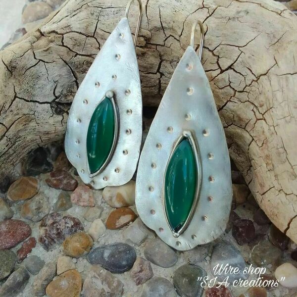 Σκουλαρίκια με πράσινους αχάτες - ημιπολύτιμες πέτρες, αχάτης, ιδιαίτερο, χειροποίητα - 2