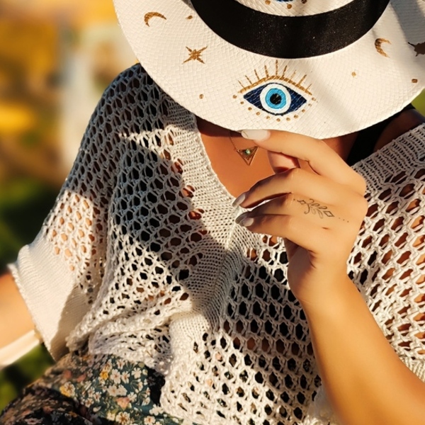 Ψάθινο καπέλο-Panama style-blue eyes - ζωγραφισμένα στο χέρι, απαραίτητα καλοκαιρινά αξεσουάρ, boho, ψάθινα - 5