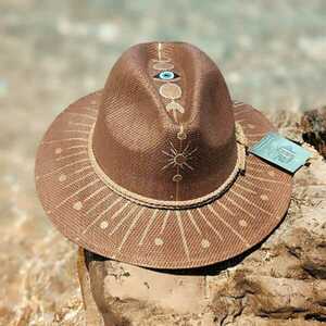 Ψάθινο καπέλο-Panama style-Brown/Gold - ζωγραφισμένα στο χέρι, απαραίτητα καλοκαιρινά αξεσουάρ, boho, ψάθινα - 2