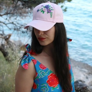 Ροζ Καπέλο με κεντημένα λουλούδια στο χέρι - ύφασμα - 2