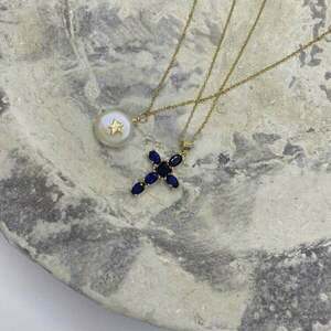 Blue Cross Necklace - σταυρός, κοντά, ατσάλι, μενταγιόν