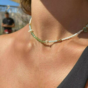Green Beaded Chocker Necklace - κοχύλι, τσόκερ, χάντρες, κοντά, πέρλες - 3