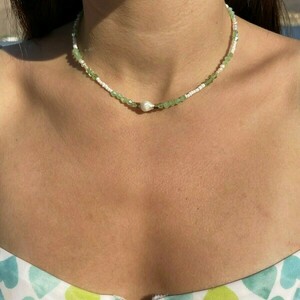 Green Beaded Chocker Necklace - κοχύλι, τσόκερ, χάντρες, κοντά, πέρλες - 2