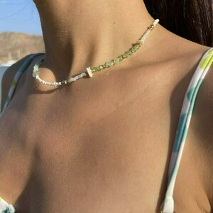 Green Beaded Chocker Necklace - κοχύλι, τσόκερ, χάντρες, κοντά, πέρλες - 5