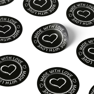 Removable Αυτοκόλλητες Αδιάβροχες Ετικέτες Καρδιά "Made with Love" Στρογγυλές Υψηλής Ποιότητας & Αντοχής 25 τμχ σε Μαύρο/Λευκό Χρώμα 5cm - αυτοκόλλητα, καρτελάκια - 2