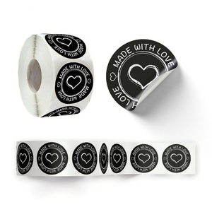 Removable Αυτοκόλλητες Αδιάβροχες Ετικέτες Καρδιά "Made with Love" Στρογγυλές Υψηλής Ποιότητας & Αντοχής 25 τμχ σε Μαύρο/Λευκό Χρώμα 5cm - αυτοκόλλητα, καρτελάκια - 4