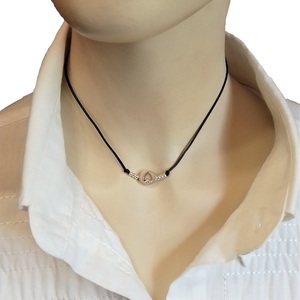 Cord necklace μαύρο, Άσσος μπαστούνι, 31εκ. - ορείχαλκος, minimal, κοντά, boho - 3