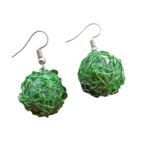 Wire crochet πράσινα στρογγυλά σκουλαρίκια - χαλκός, μικρά, κρεμαστά, γάντζος, πλεκτά