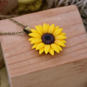 Sunflower | Μπρούτζινο Μενταγιόν Ηλιοτρόπιο (Πολυμερικός Πηλός, Μπρούτζος) (Μήκος 40cm + 5cm) - charms, κοντά, λουλούδι, μπρούντζος, αυξομειούμενα - 3