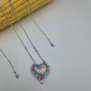 Κολιέ Δερμάτινη καρδιά 3 σε 1 - ασημένιο παλ - δέρμα, καρδιά, χάντρες, ατσάλι, seed beads