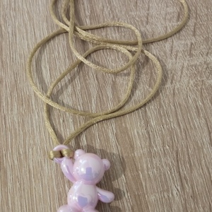 Χρυσό κολιέ με γυάλινο ροζ ιριδίζον αρκουδάκι - γυαλί, καρδιά, αρκουδάκι, μεγάλα - 2