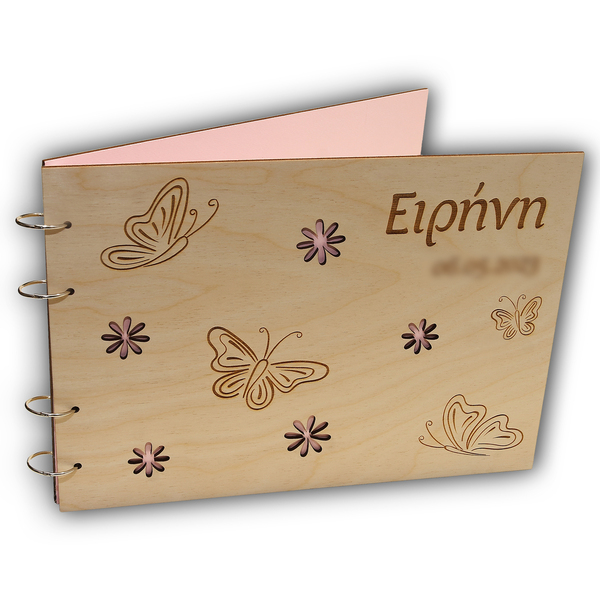 Ξύλινο ευχολόγιο πεταλούδες - ξύλο, κορίτσι, λουλούδια, πεταλούδες, βάπτισης