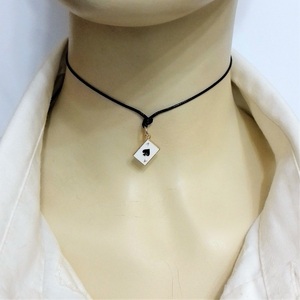 Cord necklace μαύρο με μεταλλικό μοτίφ "Άσσος μπαστούνι", 31εκ. - ορείχαλκος, κοντά, boho, δώρα για γυναίκες - 2