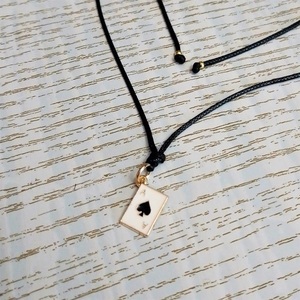 Cord necklace μαύρο με μεταλλικό μοτίφ "Άσσος μπαστούνι", 31εκ. - ορείχαλκος, κοντά, boho, δώρα για γυναίκες - 4
