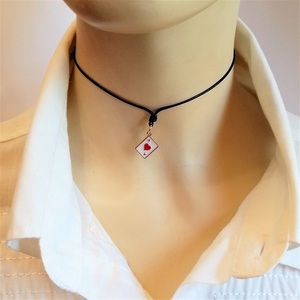Cord necklace μαύρο με μεταλλικό μοτίφ "Άσσος κούπα", 31εκ. - ορείχαλκος, κοντά, boho, δώρα για γυναίκες - 2