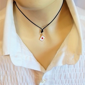 Cord necklace μαύρο με μεταλλικό μοτίφ "Άσσος κούπα", 31εκ. - ορείχαλκος, κοντά, boho, δώρα για γυναίκες - 3