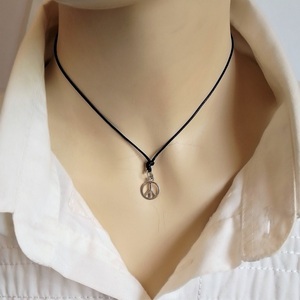 Cord necklace μαύρο με το "σήμα της ειρήνης", 32εκ. - ορείχαλκος, κοντά, boho, δώρα για γυναίκες - 3