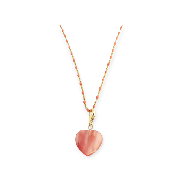Κολιέ ατσάλινο με αλυσίδα με χάντρες και ροζ καρδιά - 50εκ. - αλυσίδες, καρδιά, κοντά, ατσάλι - 2