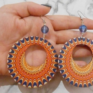 Ξύλινα σκουλαρίκια διπλής όψεως με χάντρες, κρεμαστά Boho Orange Blue Colorful Mandala earrings - ξύλο, χάντρες, λουλούδι, κρεμαστά, γάντζος - 4