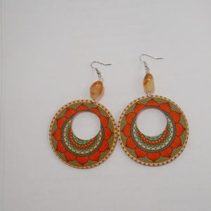 Ξύλινα σκουλαρίκια διπλής όψεως με χάντρες, κρεμαστά Boho Red Green Colorful Mandala earrings - ξύλο, χάντρες, λουλούδι, κρεμαστά, γάντζος