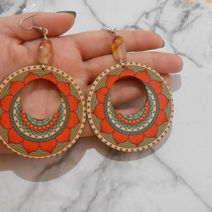 Ξύλινα σκουλαρίκια διπλής όψεως με χάντρες, κρεμαστά Boho Red Green Colorful Mandala earrings - ξύλο, χάντρες, λουλούδι, κρεμαστά, γάντζος - 4