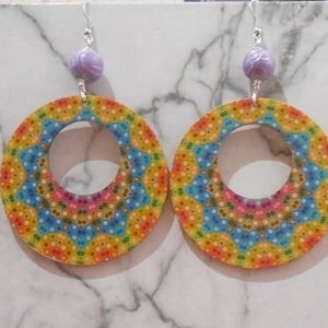 Ξύλινα σκουλαρίκια διπλής όψεως με χάντρες, κρεμαστά Boho Rainbow Colorful Mandala earrings - ξύλο, χάντρες, λουλούδι, κρεμαστά, γάντζος - 3