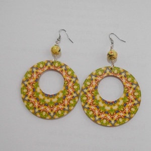 Ξύλινα σκουλαρίκια διπλής όψεως με χάντρες, κρεμαστά Boho Yellow Green Colorful Mandala earrings - ξύλο, χάντρες, λουλούδι, κρεμαστά, γάντζος