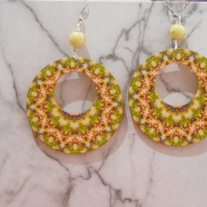 Ξύλινα σκουλαρίκια διπλής όψεως με χάντρες, κρεμαστά Boho Yellow Green Colorful Mandala earrings - ξύλο, χάντρες, λουλούδι, κρεμαστά, γάντζος - 3