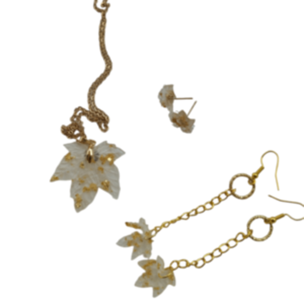 Σετ κολιέ, σκουλαρίκια σε σχήμα φύλλο "Autumn leaves" - ασήμι, γυαλί, καρφωτά, σετ κοσμημάτων
