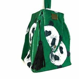 Τσαντάκι Χειρός Χειροποίητο ‘ Green Panda’ - ύφασμα, all day, χειρός, μικρές - 2