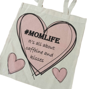 δώρο για τη μαμά πάνινη τσάντα #momlife σε καρδιά 36*40 cm - ύφασμα, ώμου, μαμά, tote, πάνινες τσάντες