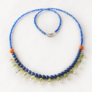 Μπλε κολιέ boho - χάντρες, κοντά, πέρλες, seed beads, μπλε χάντρα
