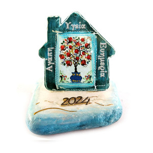 Χειροποίητο επιτραπέζιο μπλε ξύλινο σπιτάκι με ευχές επάνω σε μαρμάρινη βάση, ύψος 9,5 πόντοι - ξύλο, σπίτι, διακοσμητικά