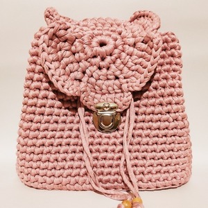 Πλεκτή ροζ χειροποίητη τσάντα τύπου bagpack σχέδιο λουλούδι 100% βαμβακερό νήμα 25εκ - νήμα, πουγκί, πλάτης, πλεκτές τσάντες, τσαντάκια