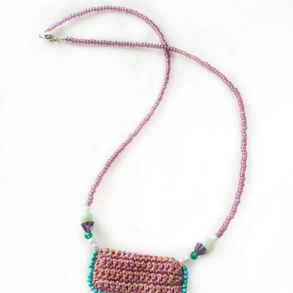 Πλεκτό κολιέ με seed beads - γυαλί, πλεκτό, βελονάκι, χάντρες, boho - 2